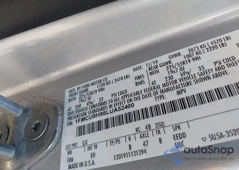 2020 Ford Escape Sel из США, поврежденный, VIN 1FMCU9H98LUA52400